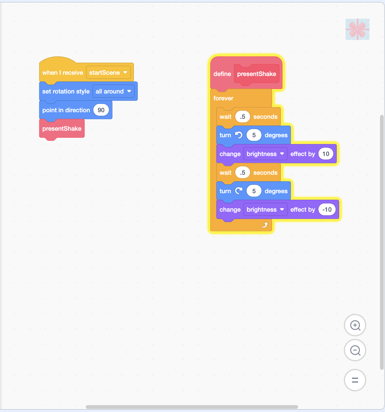 Scratch present animation using rotation, brightness effects, wait blocks, and a custom presentShake block