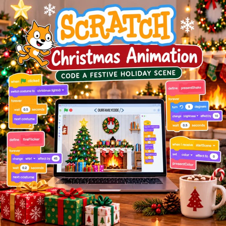 Scratch Christmas animation with a decorated tree, fireplace, presents, stockings, wreath, and colorful holiday lights