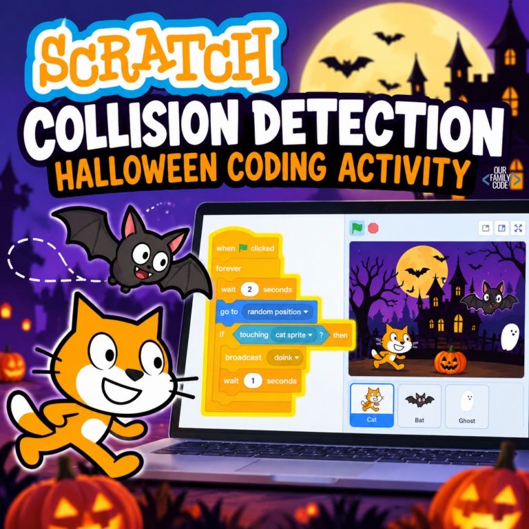 Scratch collision detection Halloween coding activity with cat and bat sprites