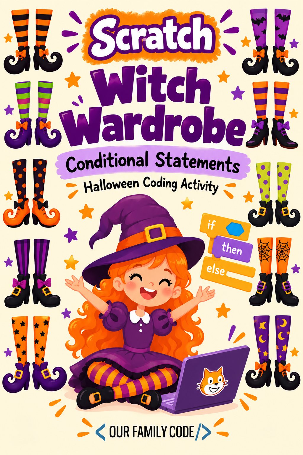 Scratch Witch Wardrobe conditional coding activity for kids with if then logic and Halloween wardrobe choices