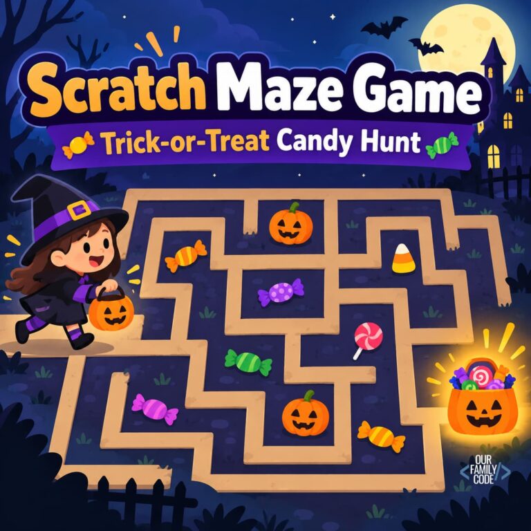 Scratch maze game Halloween coding activity with a candy hunt, maze, pumpkins, and trick-or-treat theme