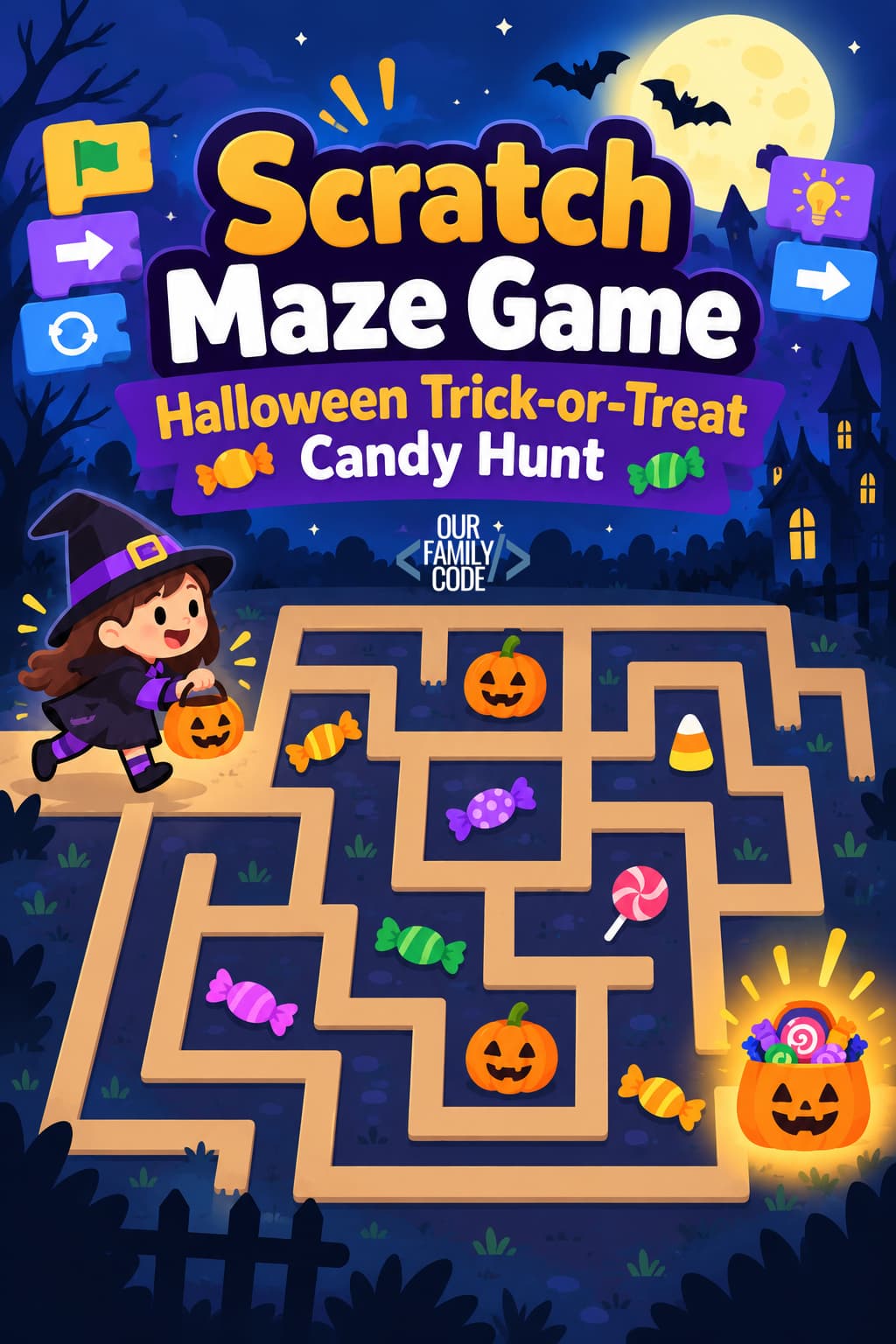 Scratch Maze Game: Halloween Trick-or-Treat Candy Hunt Scratch Maze Game for Kids Trick or Treat Candy Hunt Scratch maze game for kids featuring a Halloween candy hunt with movement, sensing, conditionals, and variables