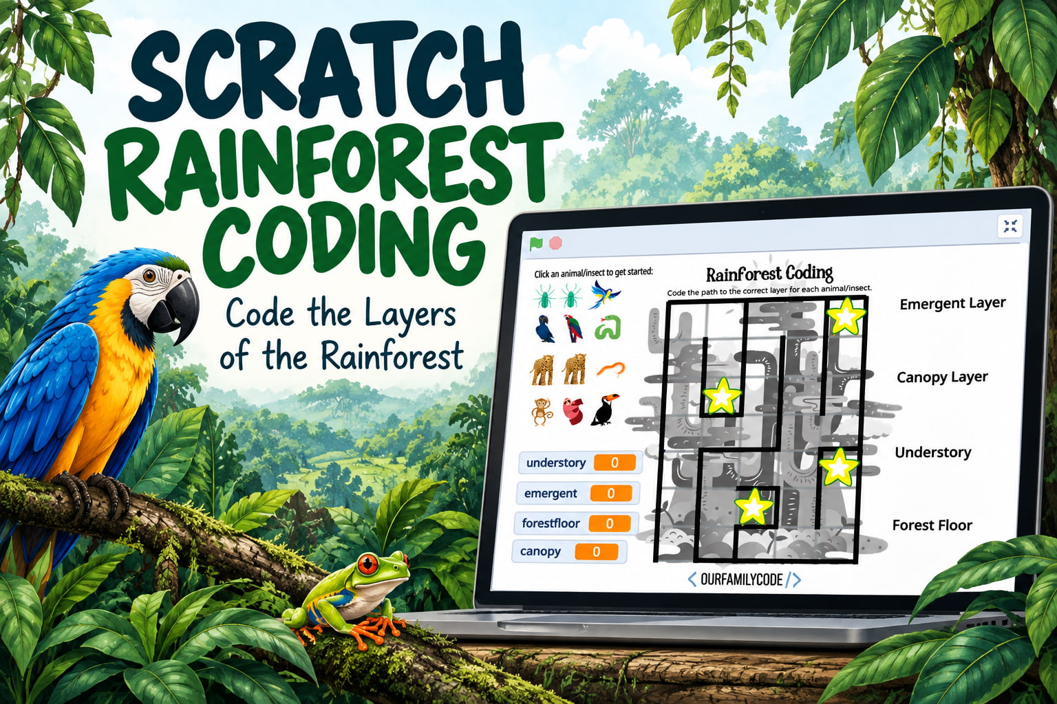 Scratch Rainforest Coding Activity: Code the Layers of the Rainforest Scratch Rainforest Coding Activity Code Animals in the Rainforest BH1 Scratch rainforest coding game showing the Layers of the Rainforest maze with movement, logic, lists, and variables