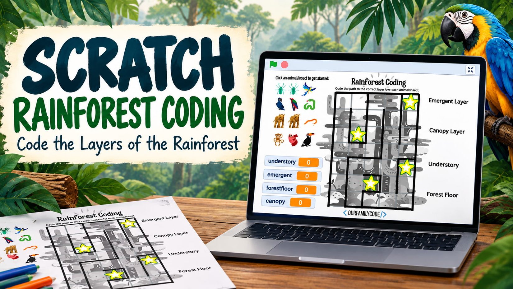 Scratch rainforest coding game showing the Layers of the Rainforest maze with movement, logic, lists, and variables
