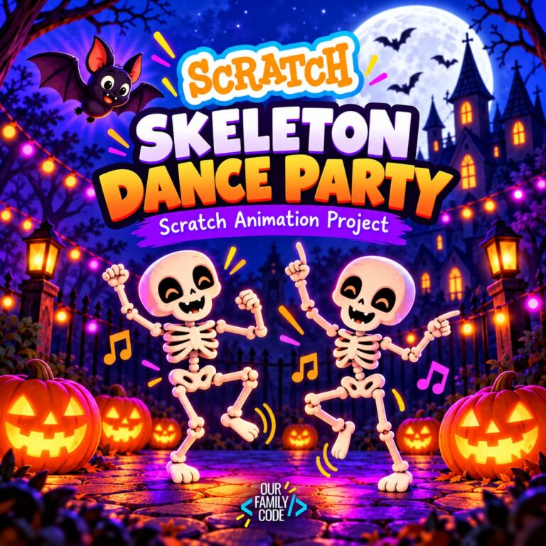 Scratch Skeleton Dance Party Halloween animation project with two dancing skeletons and pumpkins