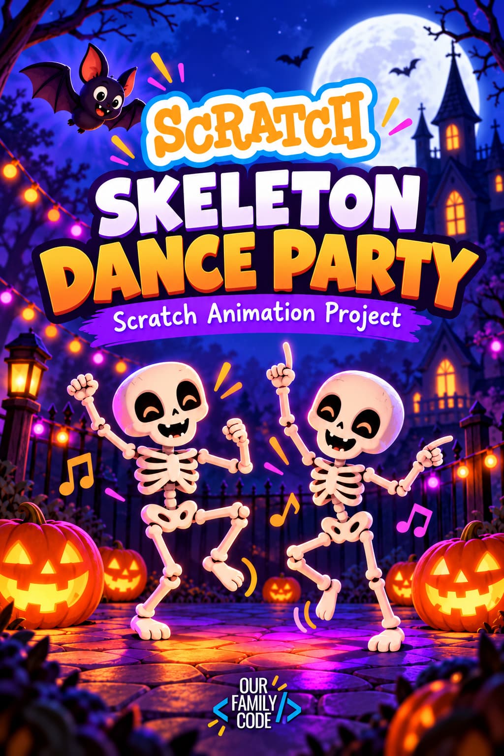 Scratch Skeleton Dance Party coding activity for kids exploring animation loops timing and costumes