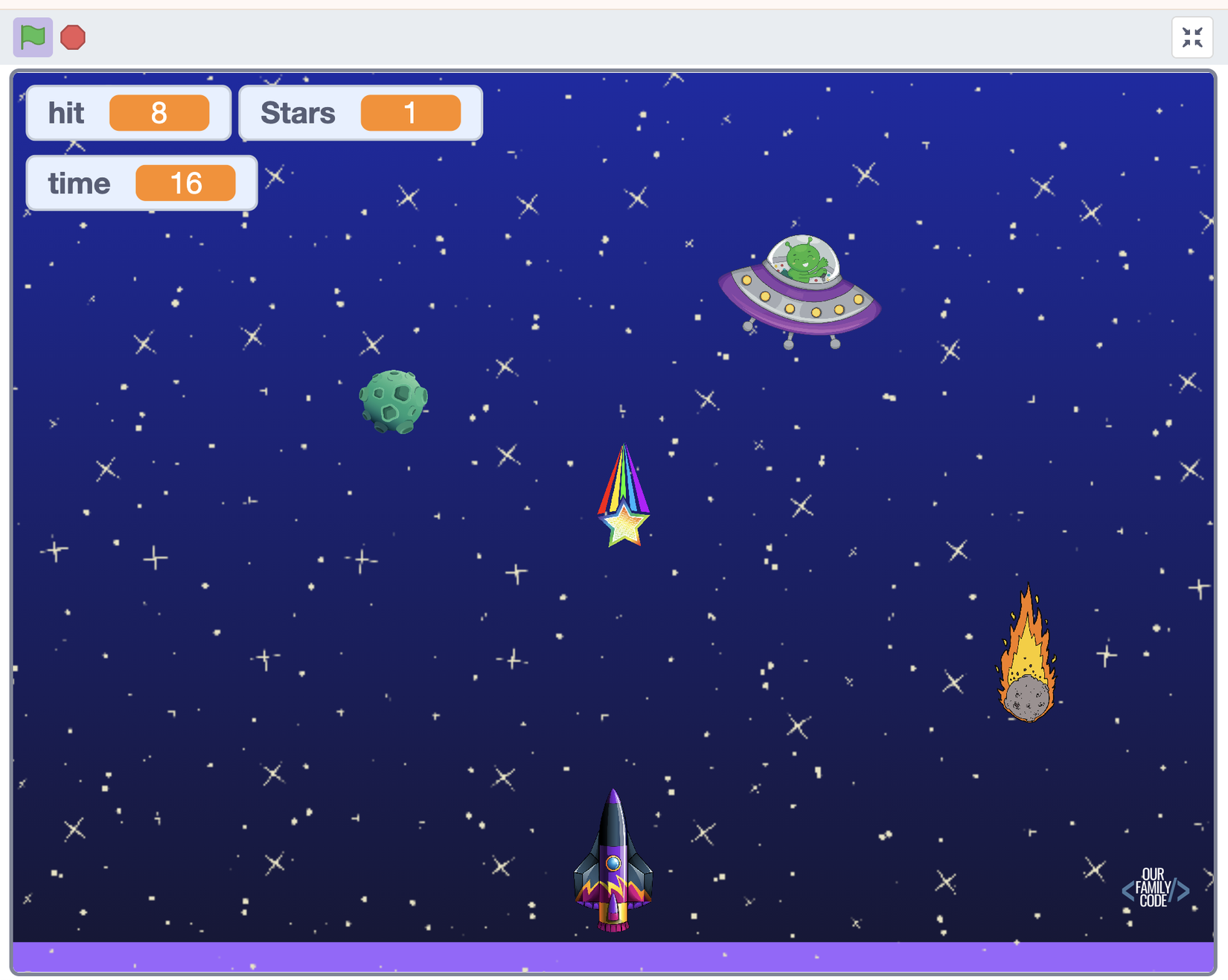 Scratch space game for kids featuring a timed star collector with variables, collision detection, score tracking, and game over logic