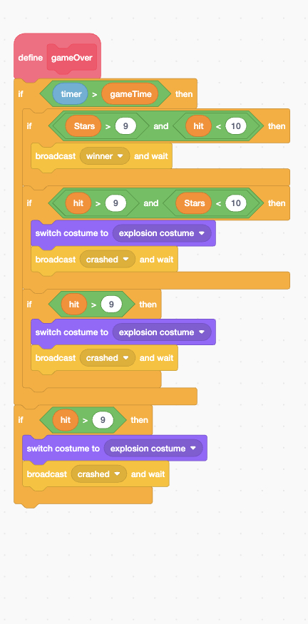 Scratch space game code using a timer, arrow key movement, variables, broadcasts, and win or lose conditions