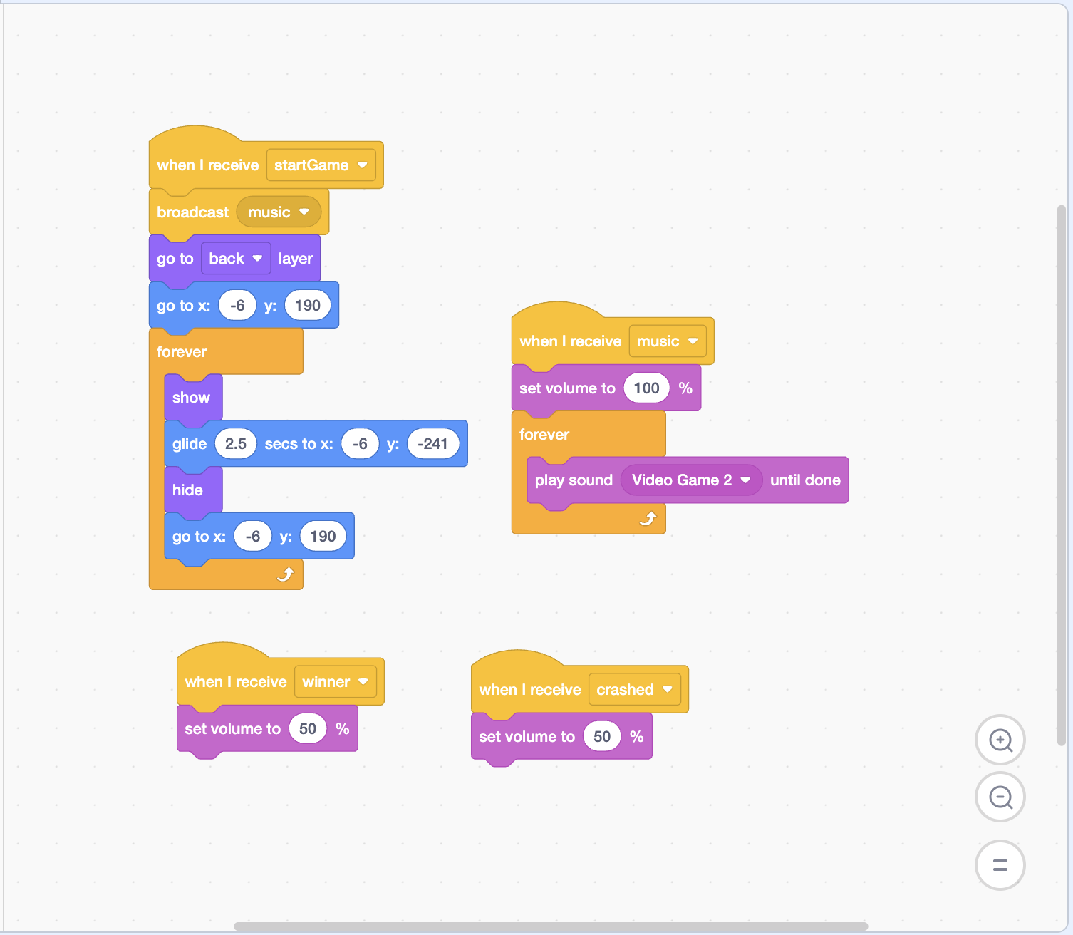 Scratch broadcast code starting game music and repeatedly moving a background sprite across the Stage