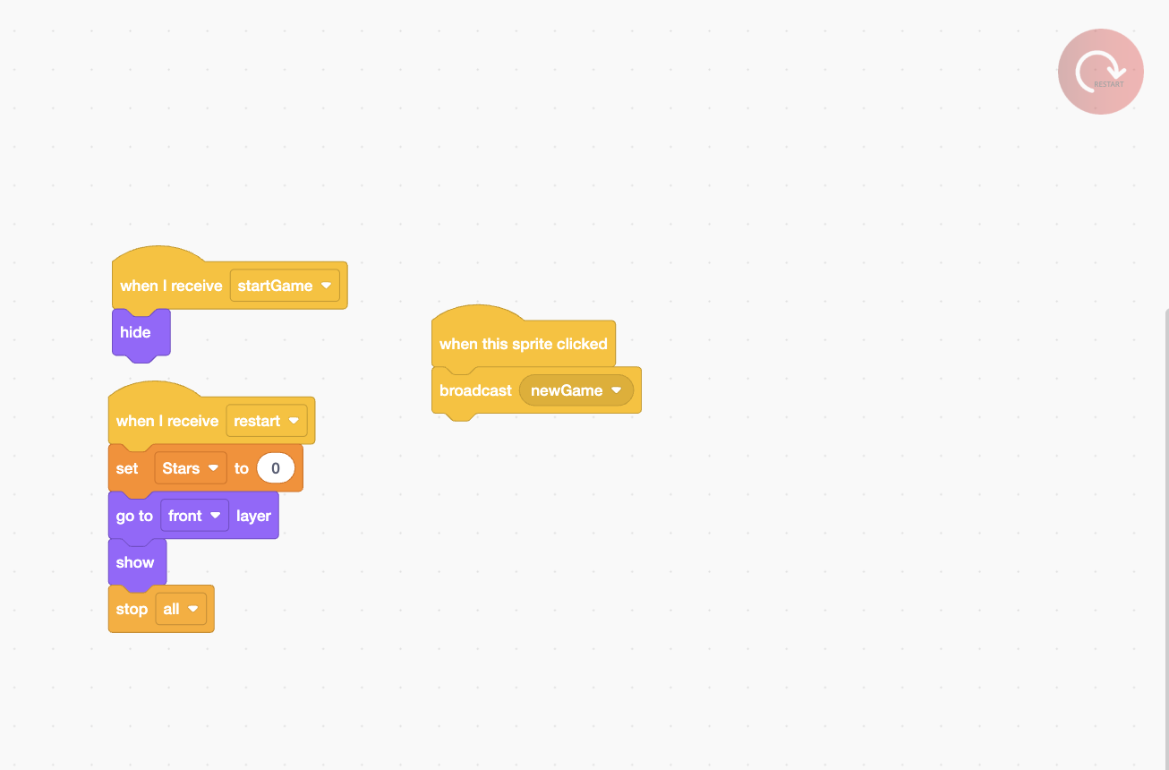 1. Scratch restart code resetting the Stars variable and broadcasting a new game when the restart sprite is clicked