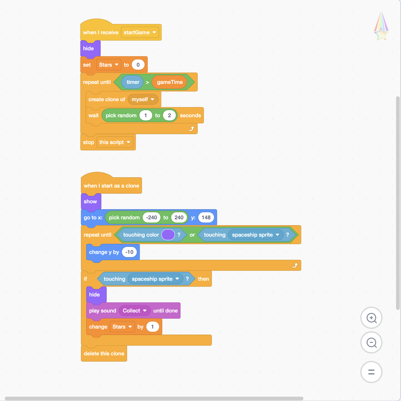 Scratch code creating falling star clones at random positions and increasing the Stars variable when collected