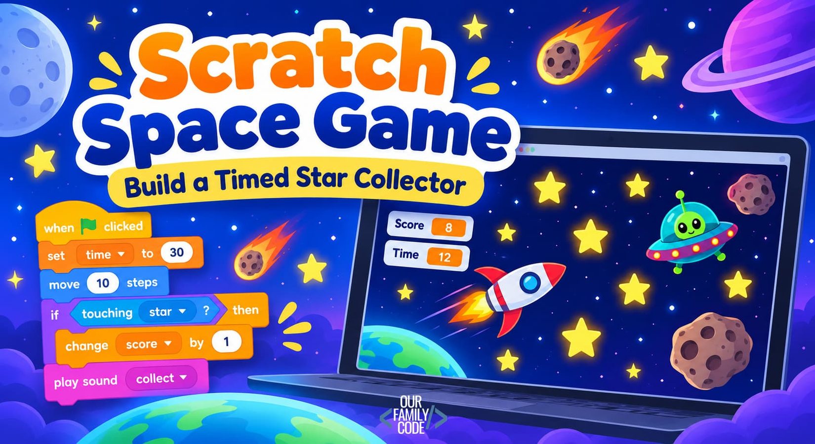 Scratch space game coding activity with a spaceship collecting stars while avoiding meteors and other hazards