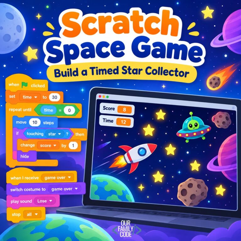 Scratch space game for kids with a timed star collector, spaceship, stars, hazards, and Scratch coding blocks