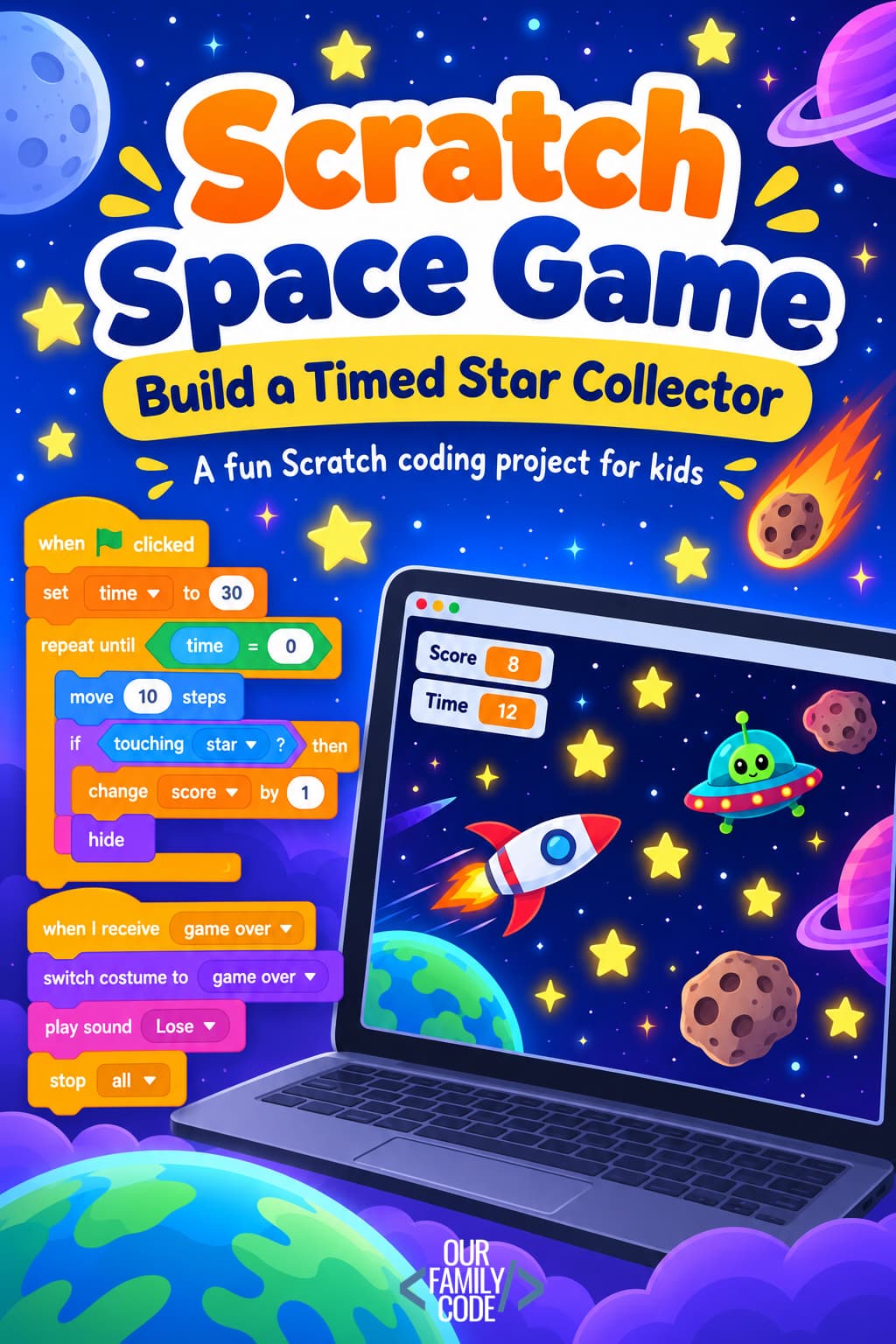 Scratch space game for kids featuring a timed star collector with variables, collision detection, score tracking, and game over logic