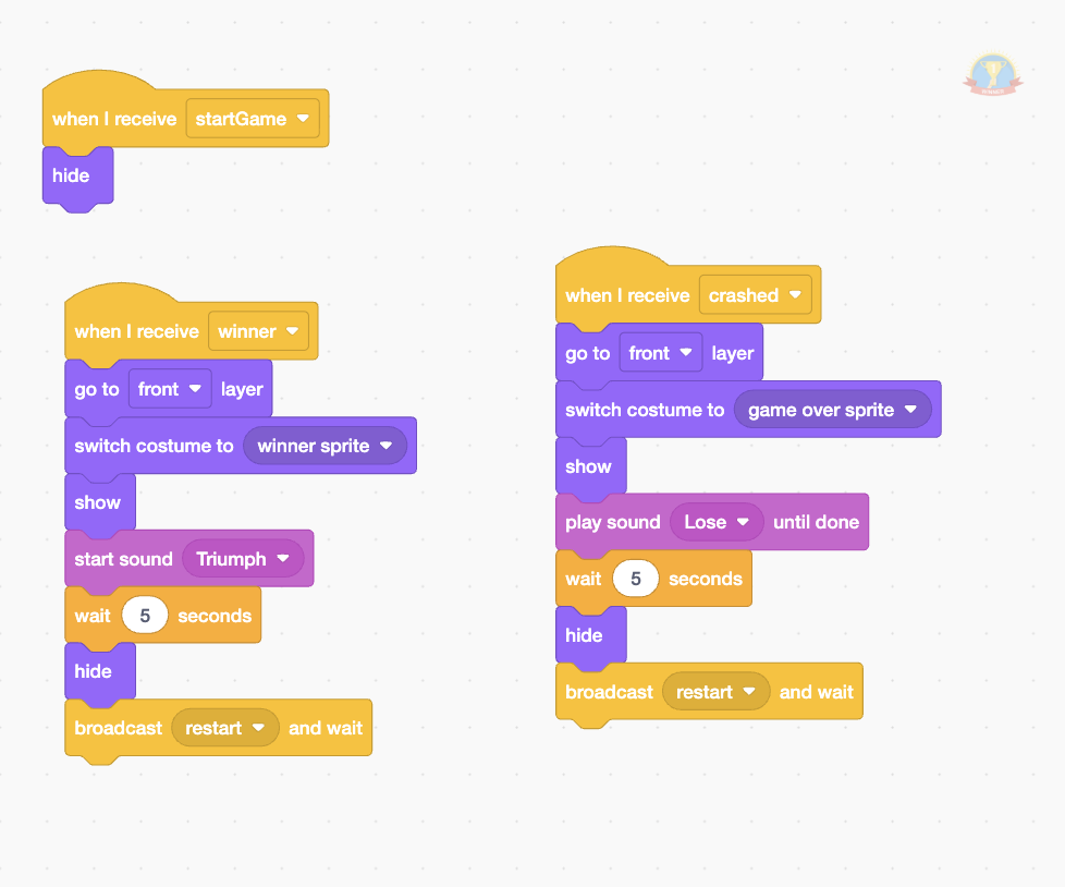 Scratch winner and game over code using broadcasts, costume changes, sounds, and restart logic