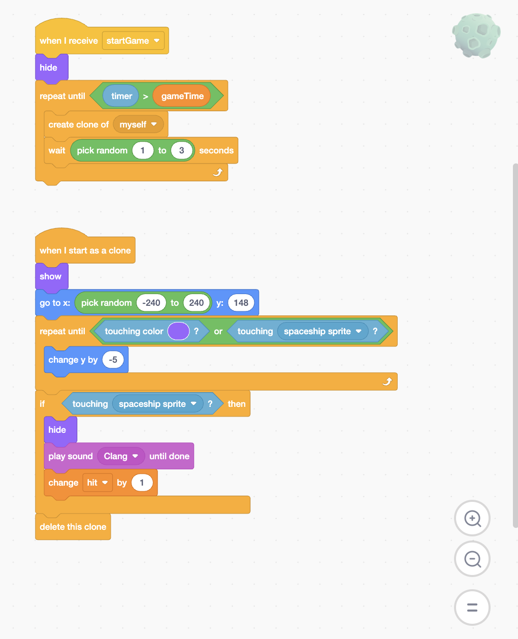 Scratch meteor clone code using random spawning, falling movement, collision detection, and sound effects