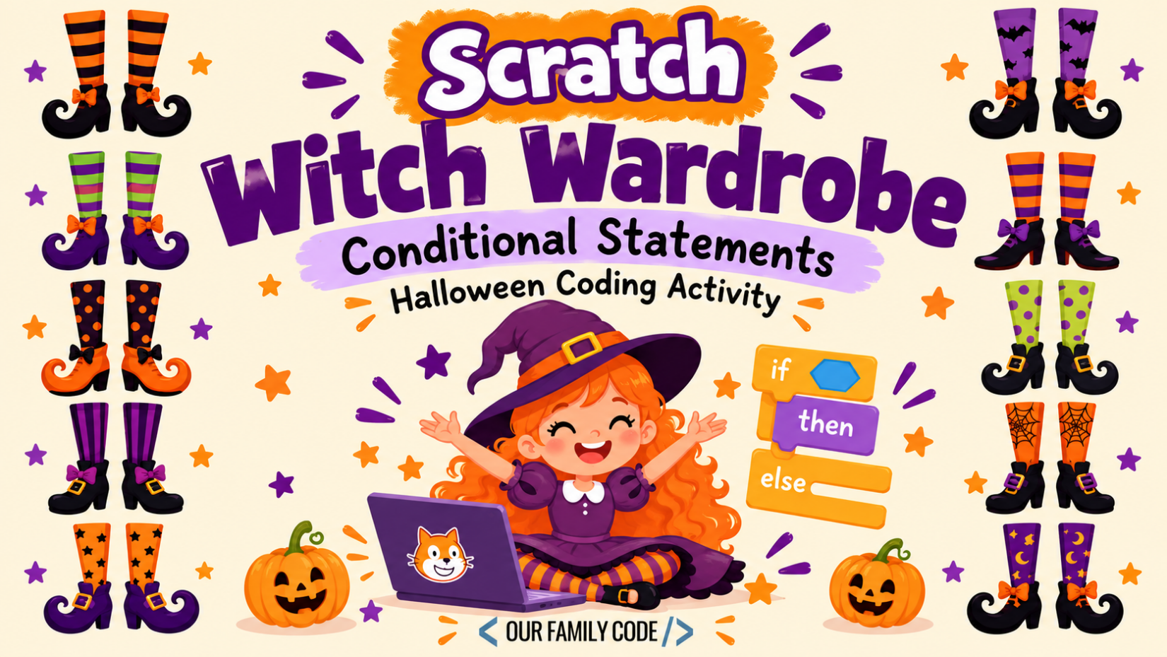 Halloween Scratch coding activity using Witch Wardrobe to teach if then logic and conditional statements