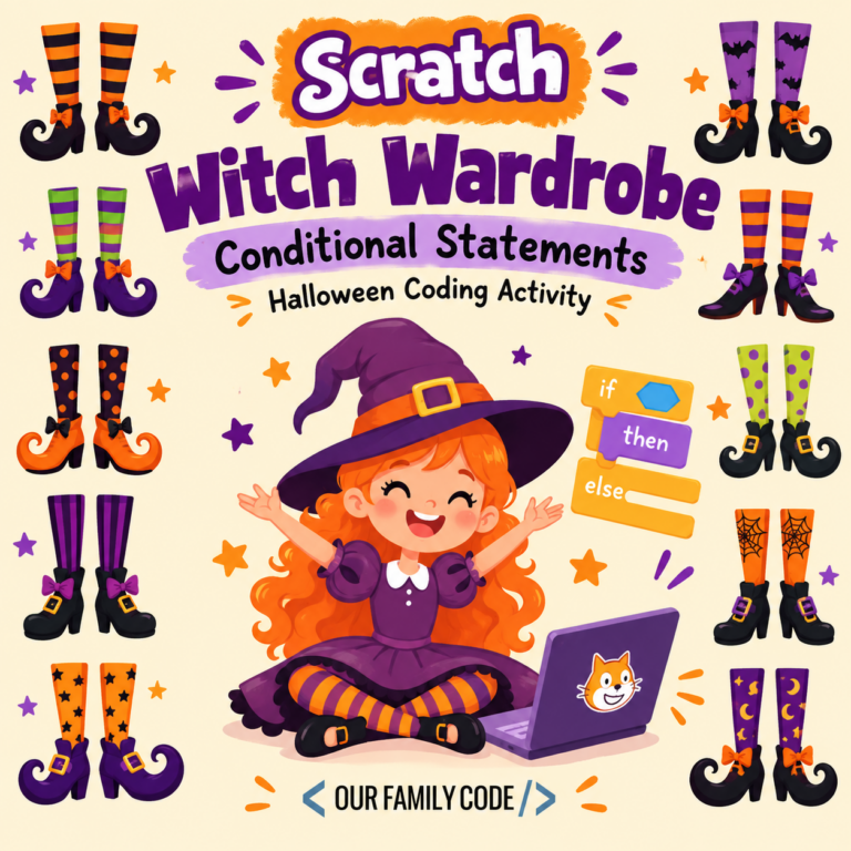 Scratch Witch Wardrobe Halloween coding activity teaching conditional statements with a witch and wardrobe choices