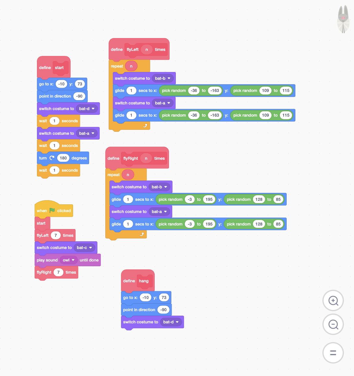 Scratch bat animation using custom blocks parameters random coordinates costumes and sound