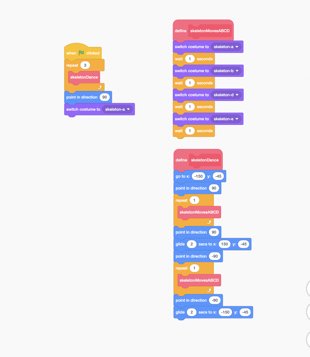 Second Scratch skeleton using custom dance blocks and mirrored stage coordinates