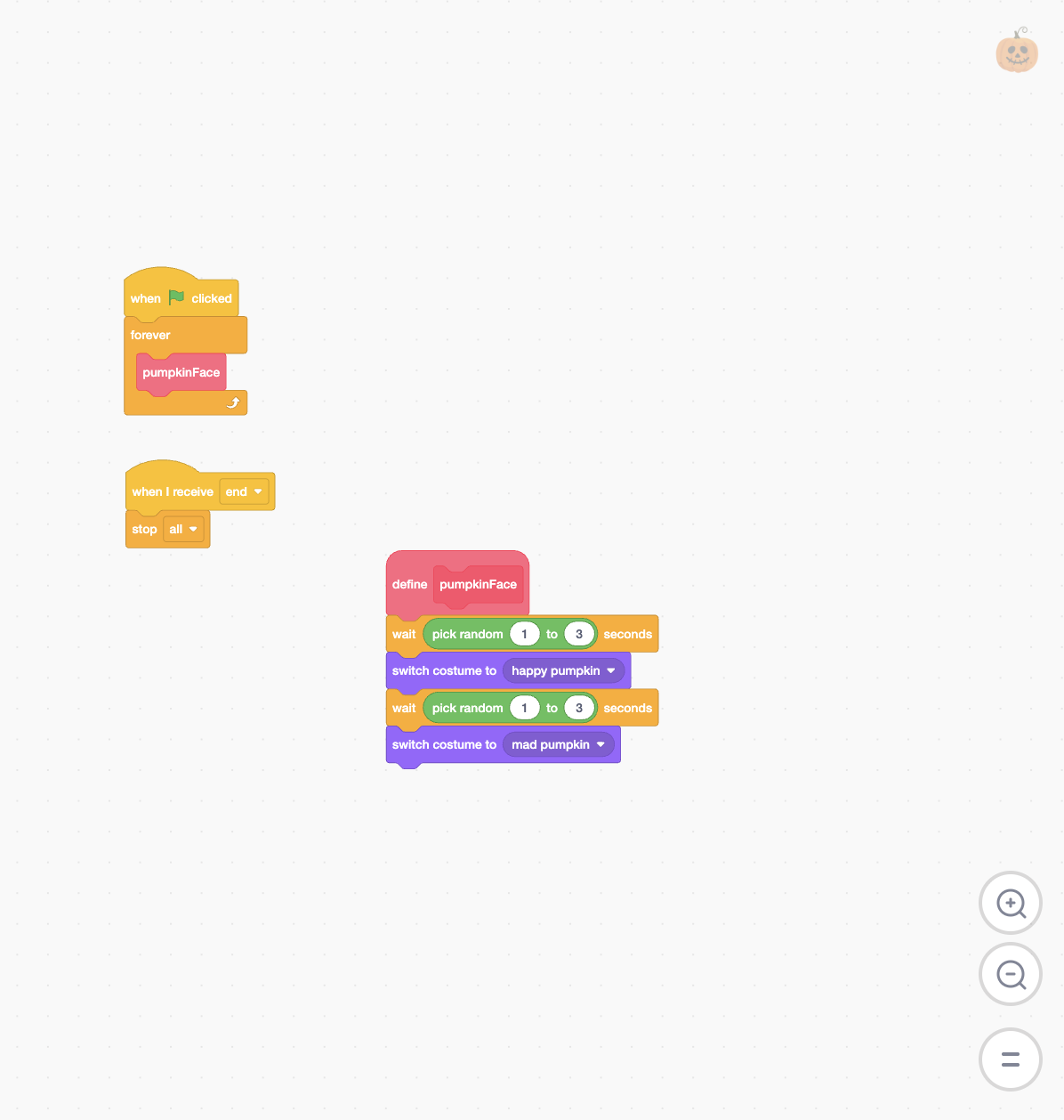 Scratch pumpkin animation using random wait times and costume changes inside a forever loop