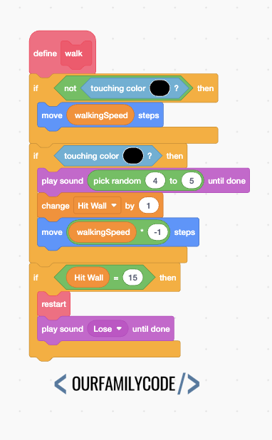 Scratch Maze Game: Halloween Trick-or-Treat Candy Hunt Wall Detection Losing the Game Scratch maze wall detection code that reverses movement and counts wall collisions