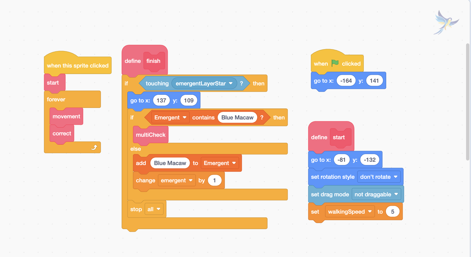 Scratch Rainforest Coding Activity: Code the Layers of the Rainforest game initialization reset code Scratch code resetting rainforest layer counters and clearing animal lists when the game starts