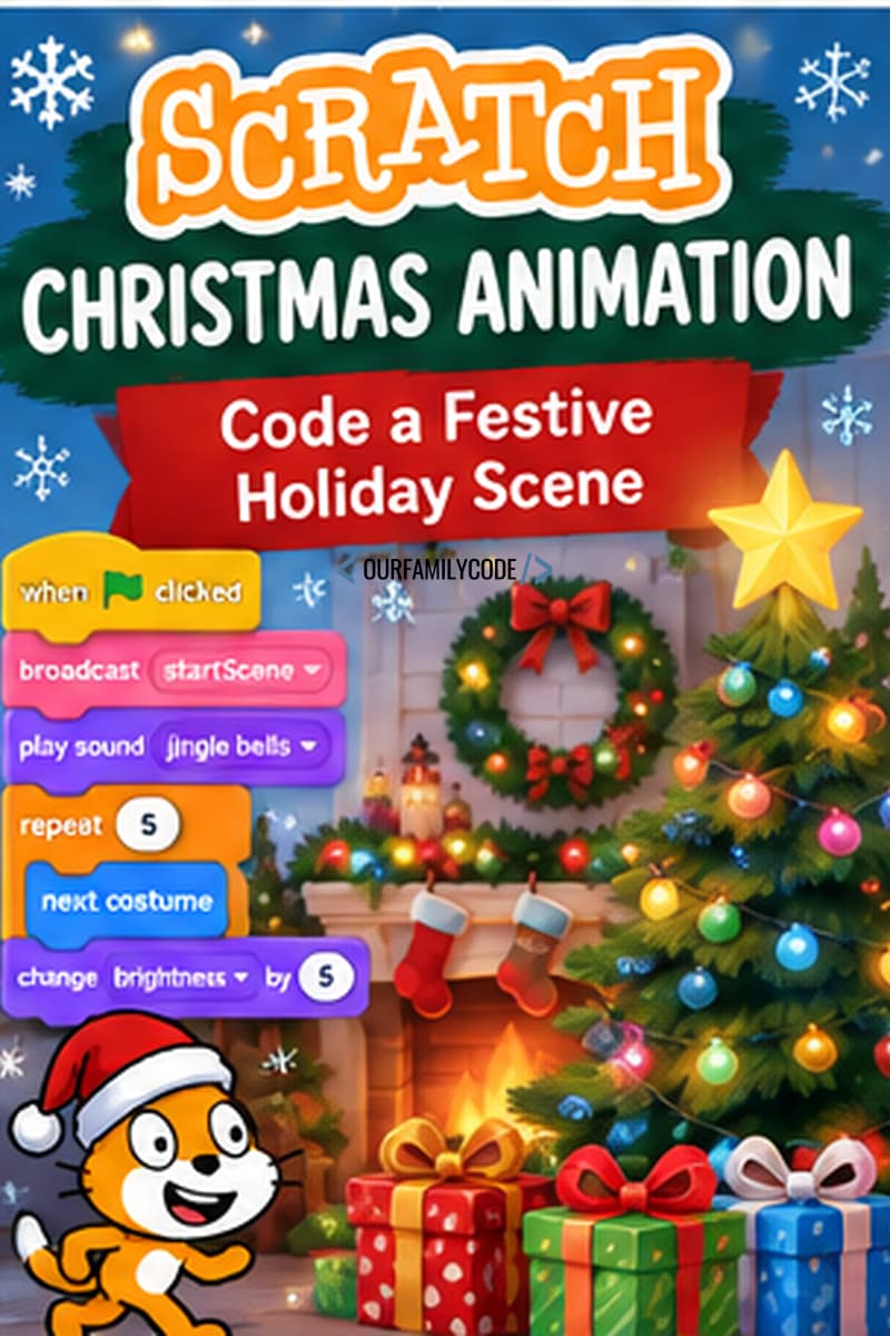 Scratch Christmas animation with a decorated tree, fireplace, presents, stockings, wreath, and colorful holiday lights