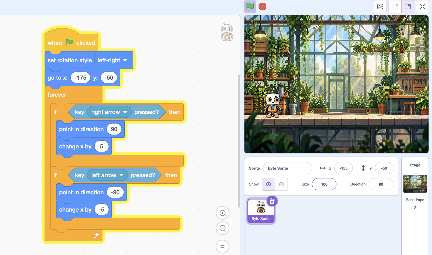 Scratch Player Movement: Move a Sprite with Arrow Keys FINISHED GARDEN GLITCH PART 1 STAGE Scratch player movement code using a forever loop, arrow key sensing, direction, and change x blocks