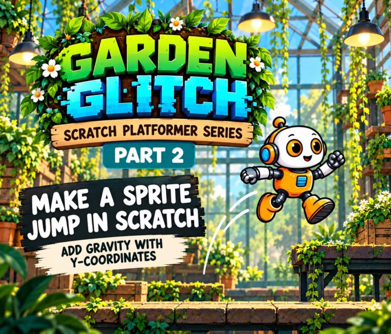 Garden Glitch Part 2 Scratch tutorial with Byte the robot jumping in a greenhouse platformer
