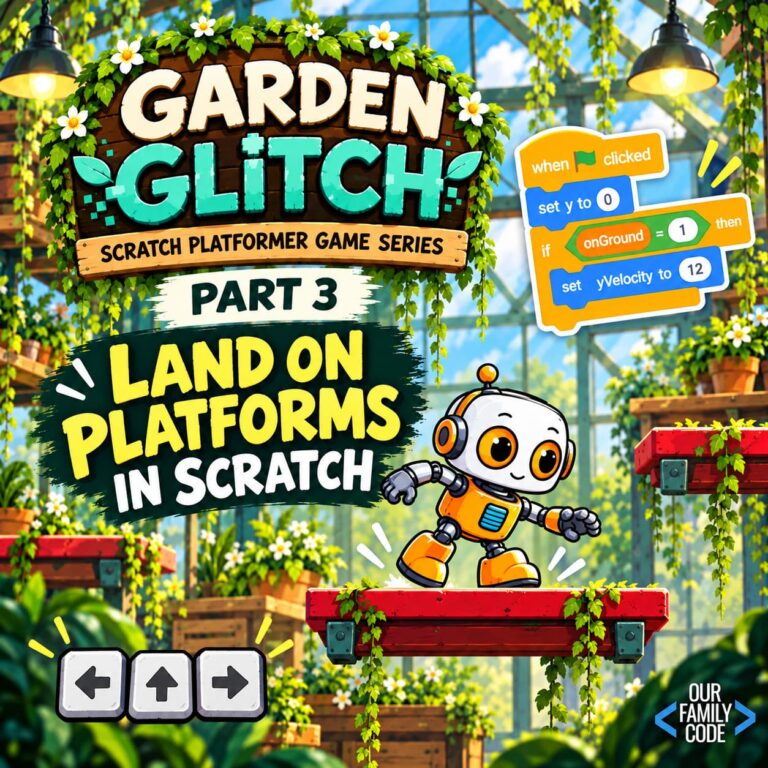 Garden Glitch Part 3 Scratch platformer tutorial showing Byte the robot landing on a platform in the greenhouse
