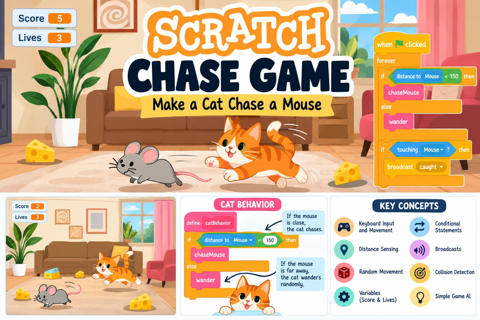 Scratch chase game showing a cat chasing a mouse with distance sensing, random movement, score, lives, and Scratch code