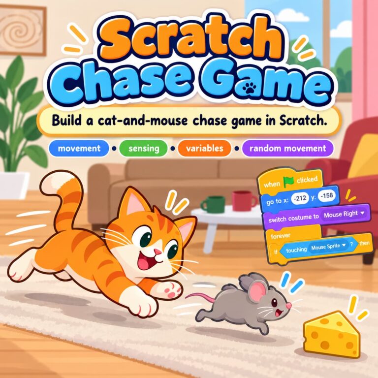 Scratch chase game with a cat following a mouse collecting cheese using movement, sensing, variables, and random behavior
