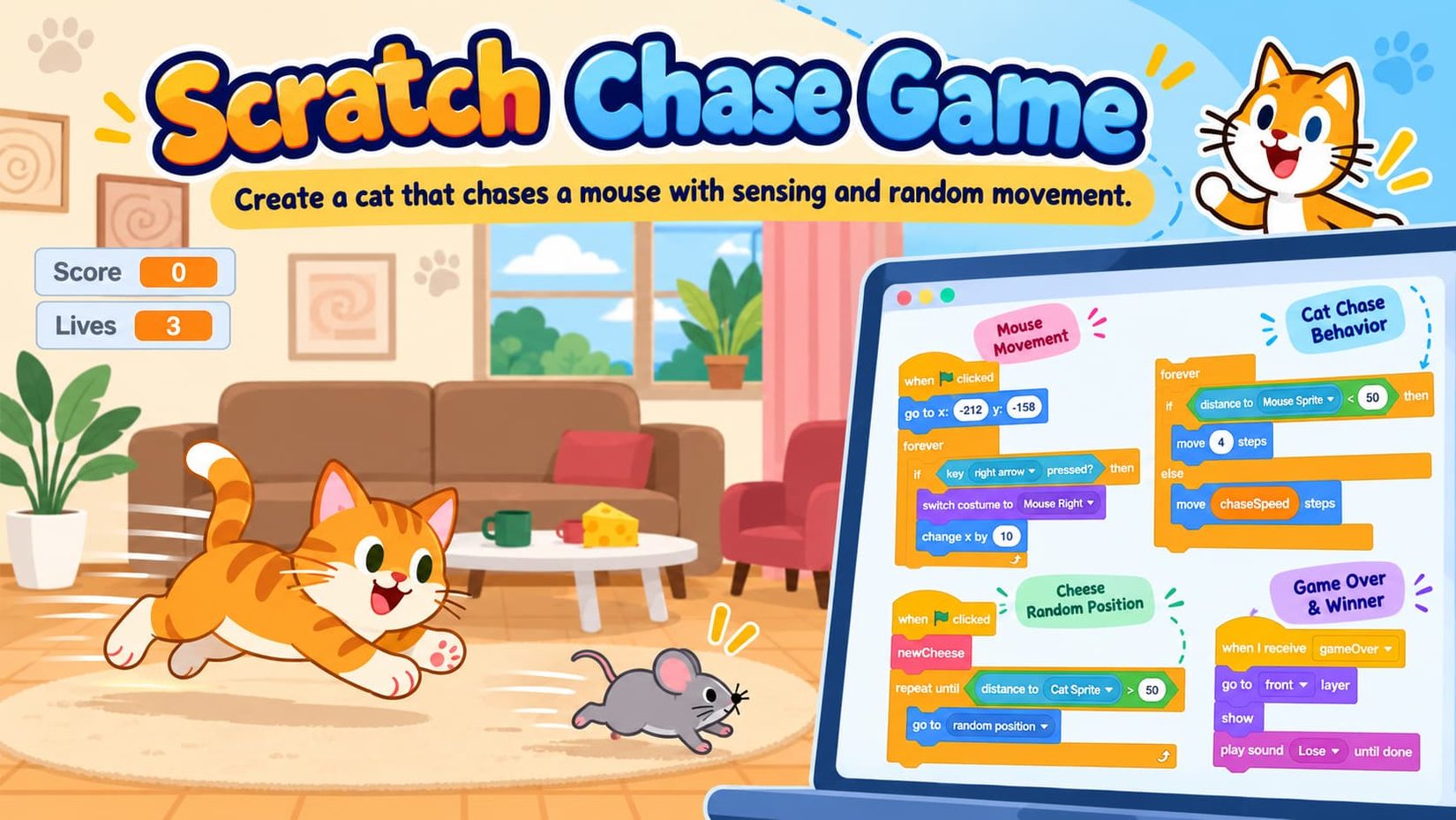 Scratch chase game showing a cat chasing a mouse with distance sensing, random movement, score, lives, and Scratch code