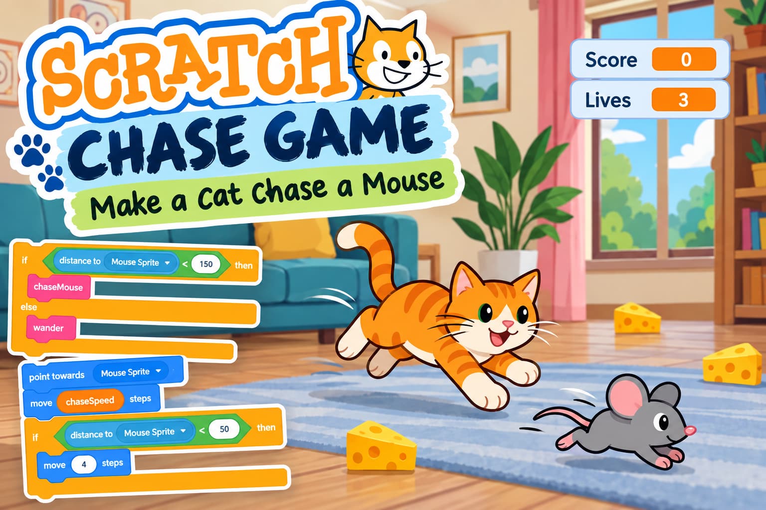 Scratch chase game showing a cat chasing a mouse with distance sensing, random movement, score, lives, and Scratch code