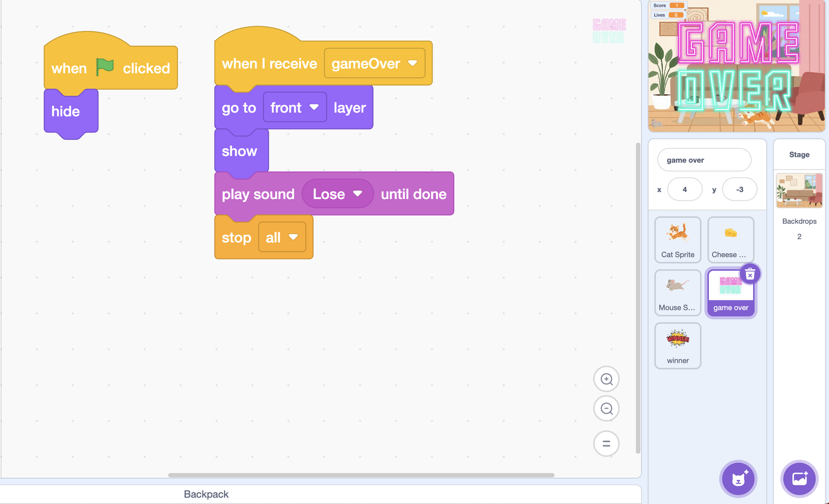Scratch game over code showing the losing screen, playing a lose sound, and stopping the game