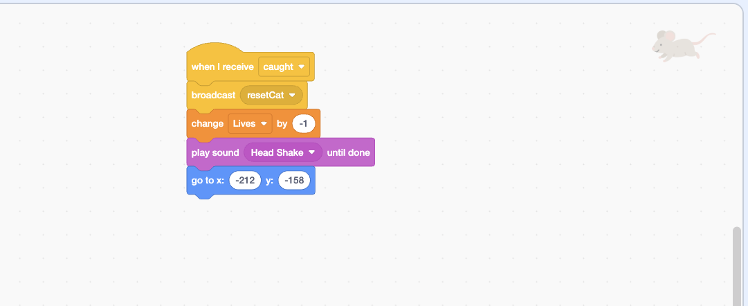 Scratch code responding when the mouse is caught by resetting the cat, decreasing lives, playing a sound, and resetting the mouse position