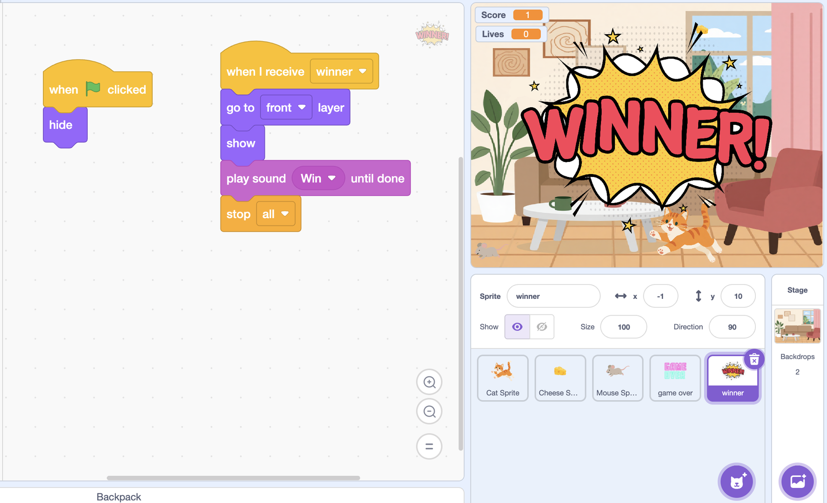 Scratch winner code showing the winning screen, playing a win sound, and stopping all scripts