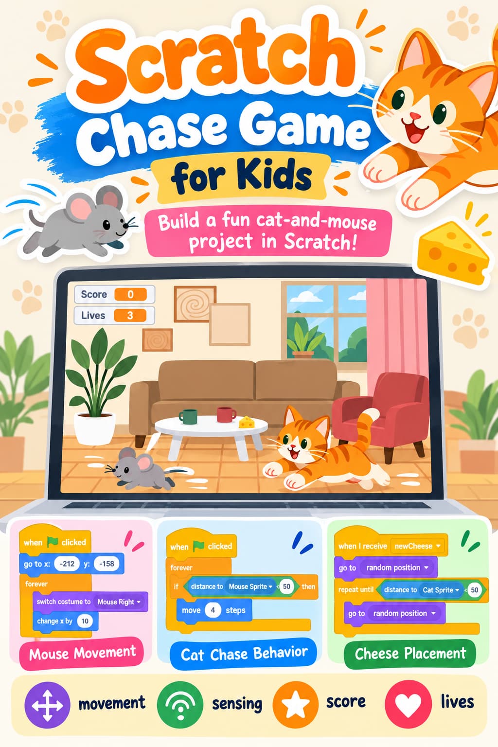 Scratch chase game for kids with a cat, mouse, cheese, score, lives, and simple coding blocks