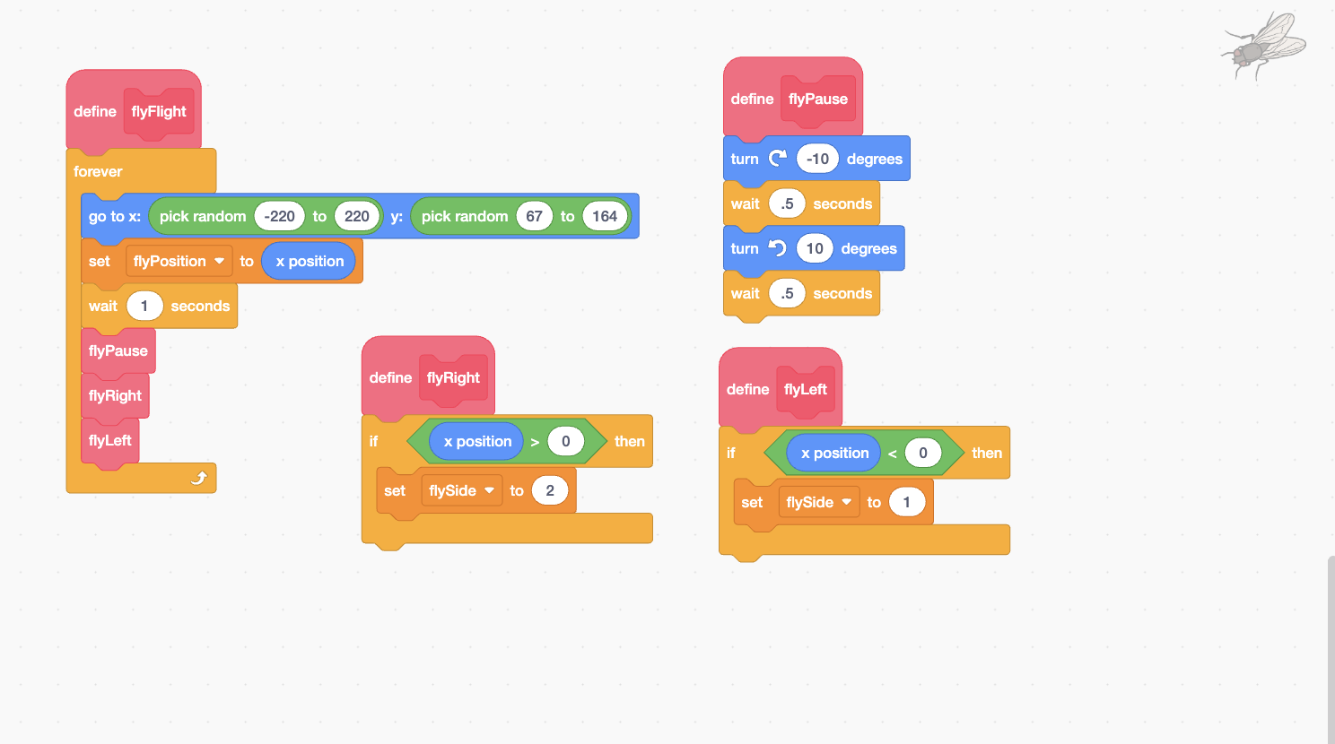 Scratch Frog Game: Catch the Flies Before Time Runs Out Scratch Fly Random Movement Code Scratch fly movement code using random x and y positions, custom blocks, and fly position variables
