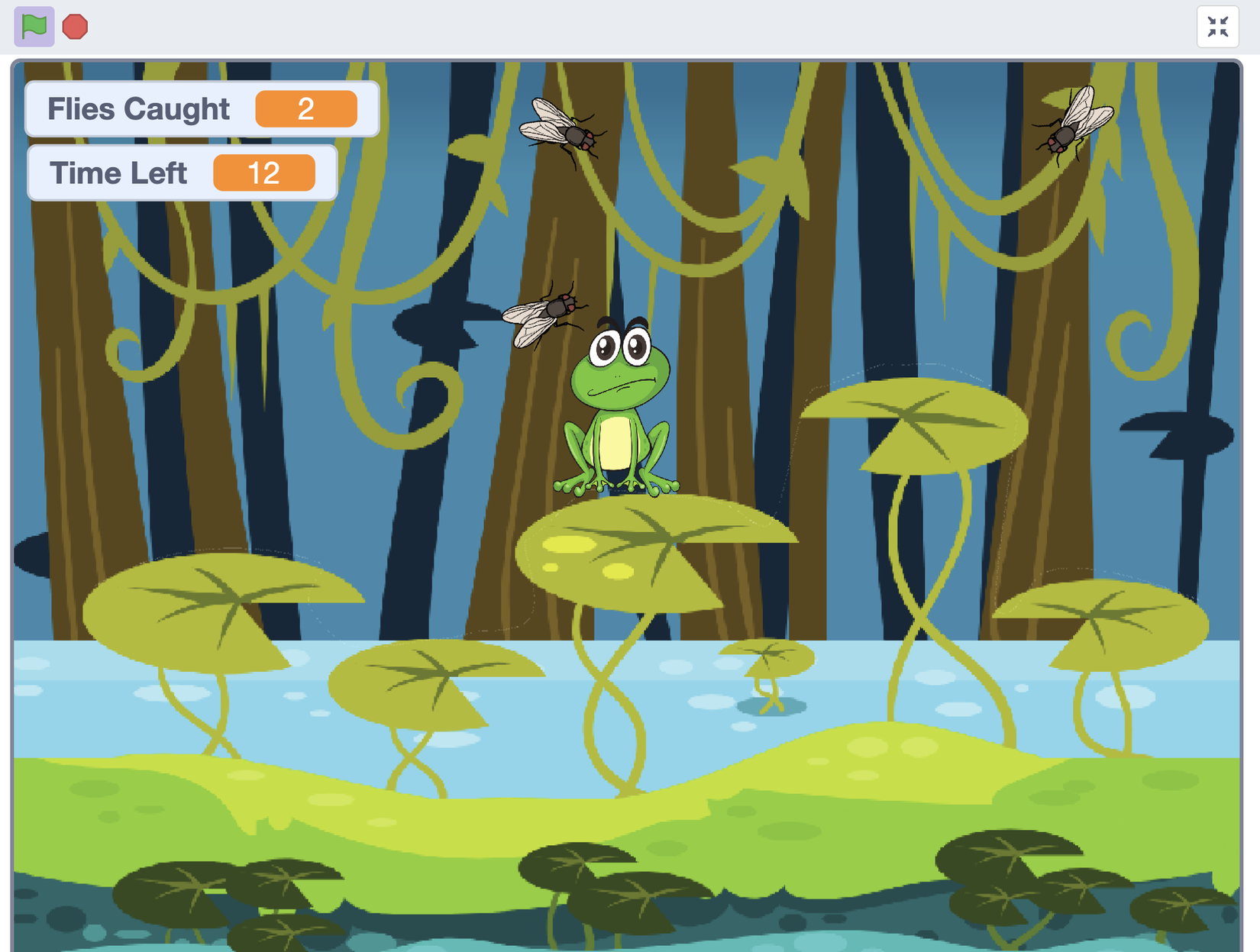 Scratch Frog Game: Catch the Flies Before Time Runs Out Scratch Frog Catching Game Scratch frog catching game with flies, lily pads, a countdown timer, and a Flies Caught score