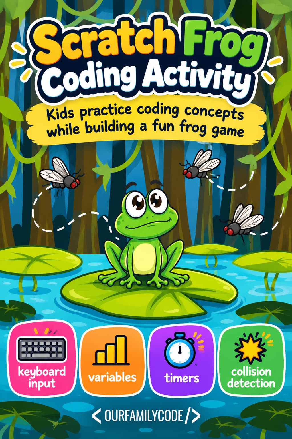 Scratch Frog Game: Catch the Flies Before Time Runs Out Scratch Frog Coding Activity for Kids Scratch frog coding activity teaching keyboard input, variables, timers, and collision detection through a fly-catching game