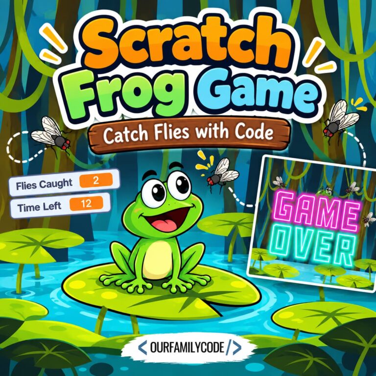 Scratch frog game for kids with a frog catching flies, a countdown timer, score tracking, and game over screen