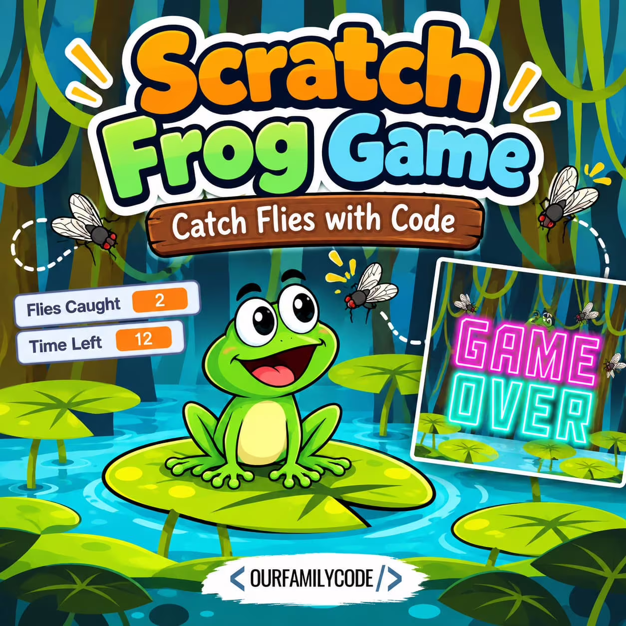 Scratch Frog Game: Catch the Flies Before Time Runs Out Scratch Frog Game Catch Flies with Code Scratch Frog Game: Catch the Flies Before Time Runs Out