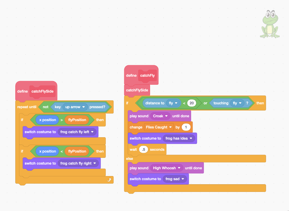 Scratch Frog Game: Catch the Flies Before Time Runs Out Scratch Frog Game Catch Fly Collision Code Scratch frog game code using distance sensing, collision detection, costumes, and the Flies Caught variable