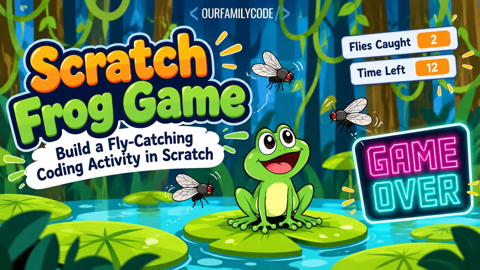 Scratch frog game for kids with a frog catching flies, a countdown timer, score tracking, and game over screen