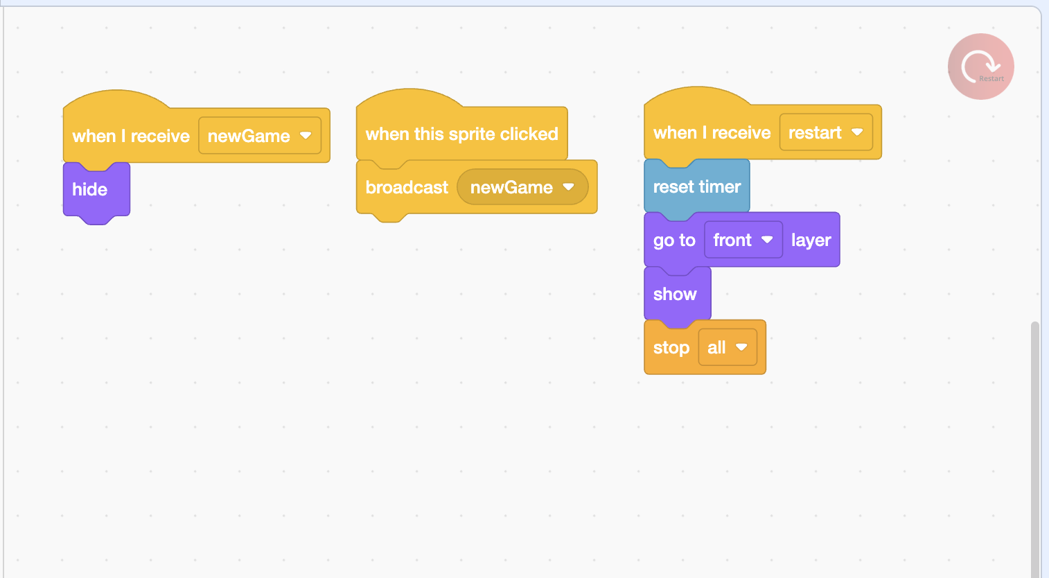 Scratch Frog Game: Catch the Flies Before Time Runs Out Scratch Frog Game Restart Code Scratch restart code resetting the timer and broadcasting a new game