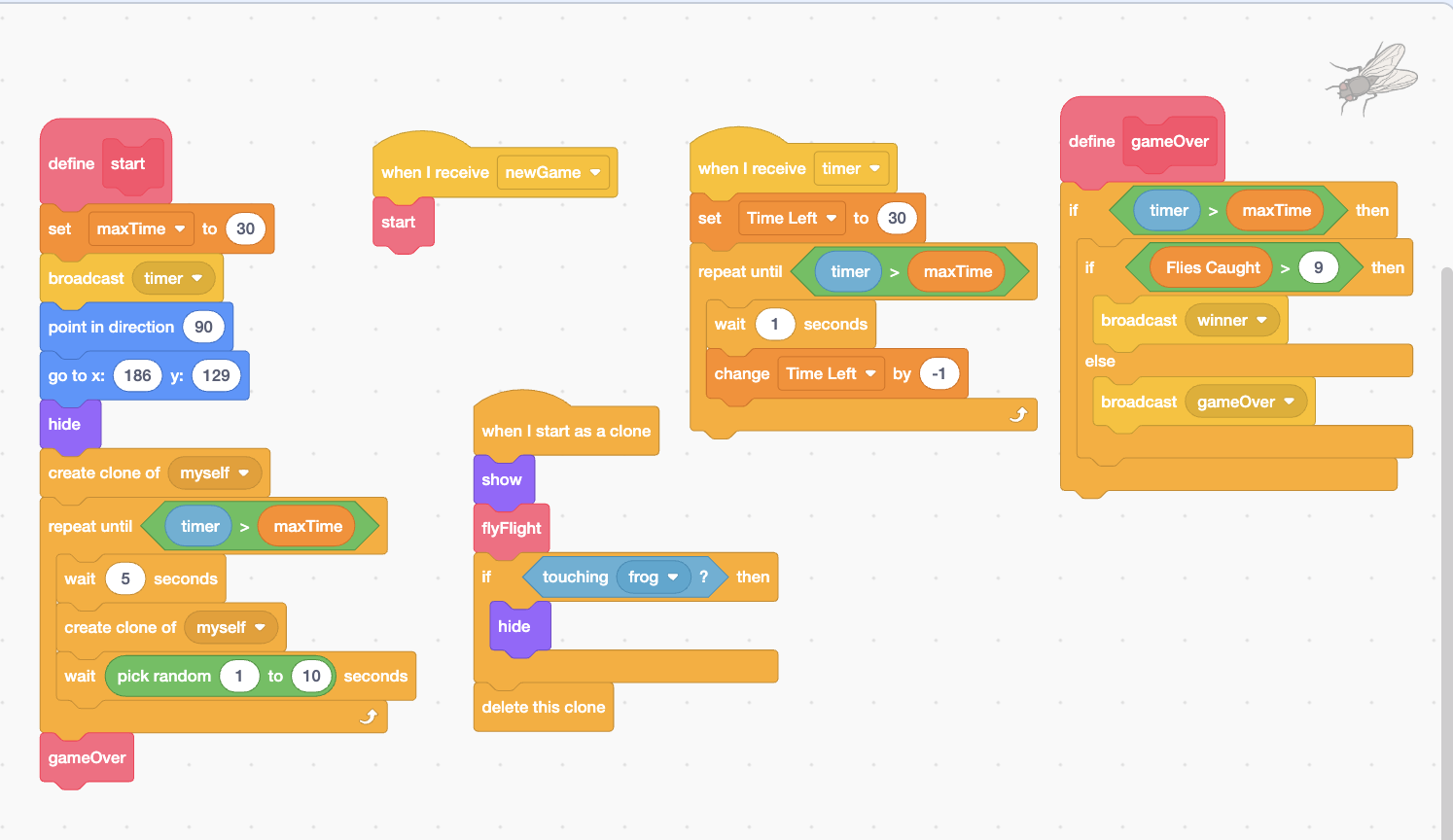 Scratch Frog Game: Catch the Flies Before Time Runs Out Scratch Frog Game Timer and Win Logic Scratch frog game code using a 30 second timer, Flies Caught variable, clones, and winner or game over conditions