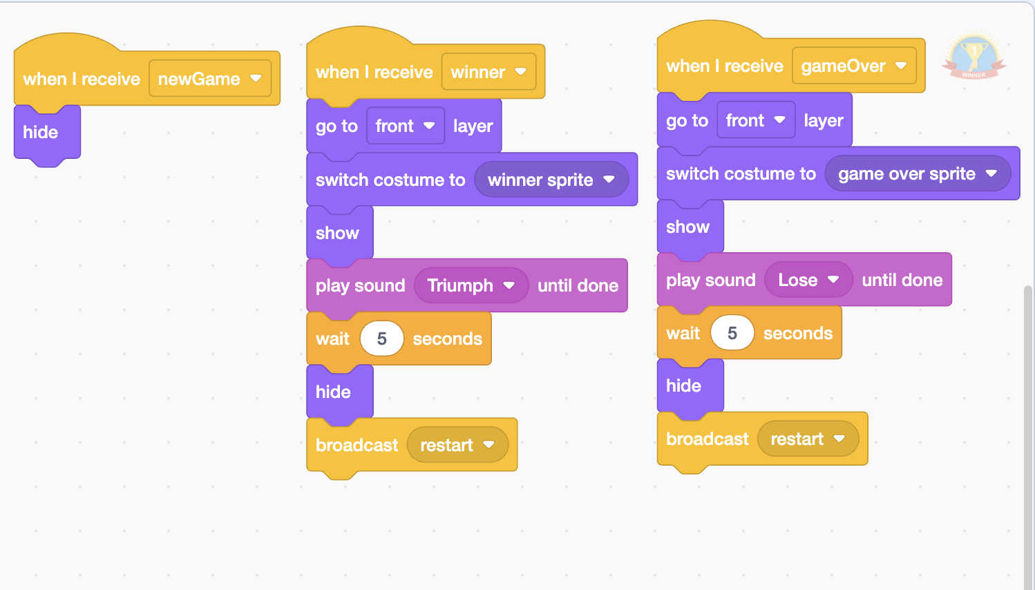 Scratch Frog Game: Catch the Flies Before Time Runs Out Scratch Frog Game Winner and Game Over Code Scratch winner and game over code using broadcasts, costumes, sounds, and restart logic
