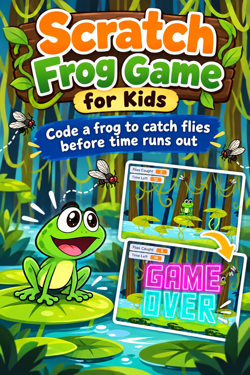 Scratch Frog Game: Catch the Flies Before Time Runs Out Scratch Frog Game for Kids Scratch frog game for kids where players catch flies before time runs out using movement, scoring, and collision detection